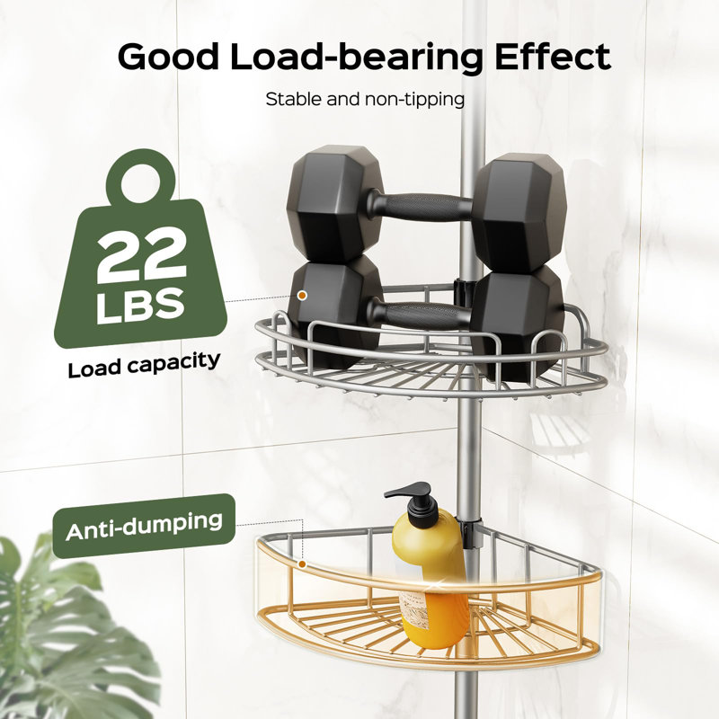 Poteau de tension de coin pour chariot de douche: tablettes de rangement de salle de bain réglables résistantes à la rouille à 4 niveaux - Installation rapide sans perceuse de 47 à 121 pouces - Rangement peu encombrant pour la famille des locataires - Gris argenté