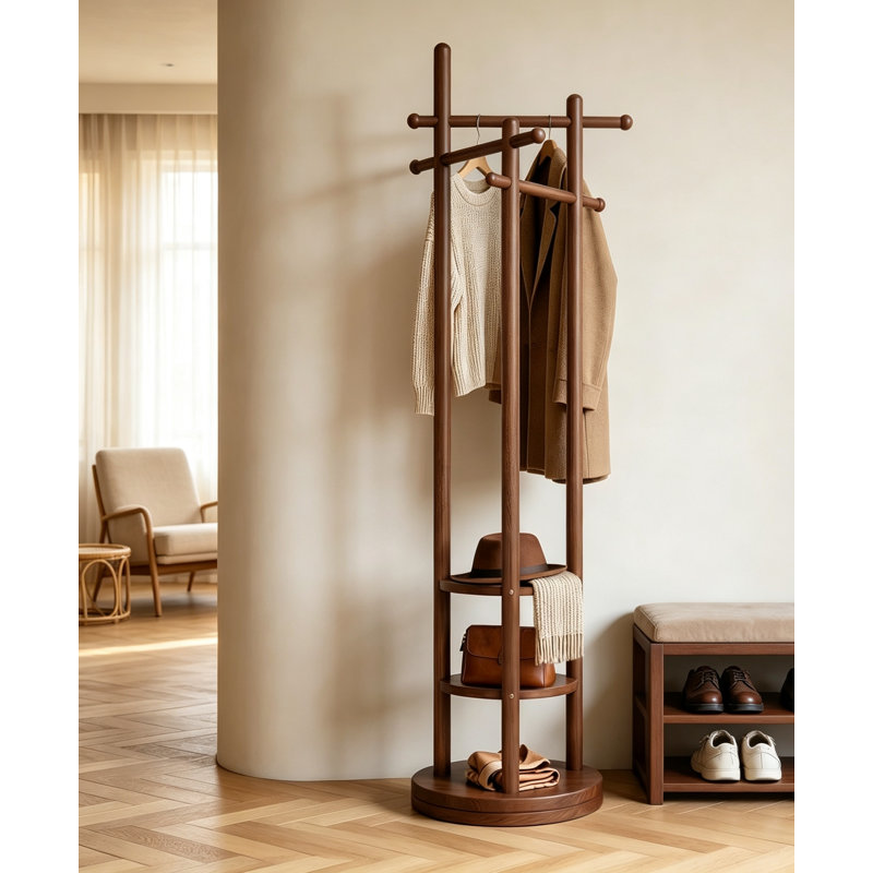 Solid Wood Coat Tree 6 Hooks 3 Storage Shelves