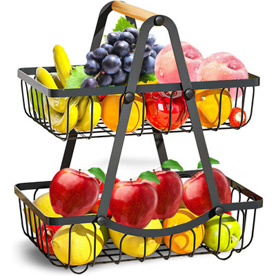Panier de fruits détachable en fer forgé à 2 niveaux avec poignées en bois - Organisateur de comptoir ventilé pour la cuisine