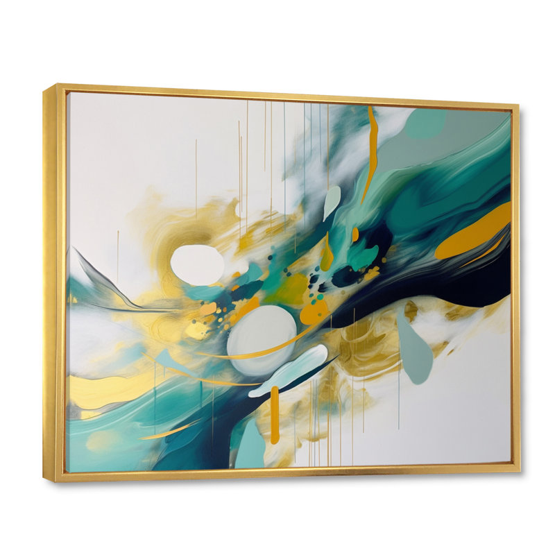 Jaune et turquoise, ordre complexe II sur toile, H 12 po x l 20 po x P 1 po, Cadre flottant doré