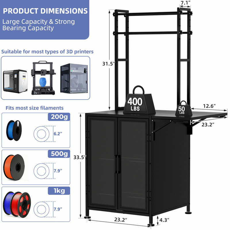 Support pour imprimante 3D avec compartiment de rangement pour filament, chariot robuste de grande taille (91 x 59 cm) avec table latérale pivotante à 360° et pliable, résistant à la poussière et à l'humidité, idéal pour atelier, studio ou bureau.