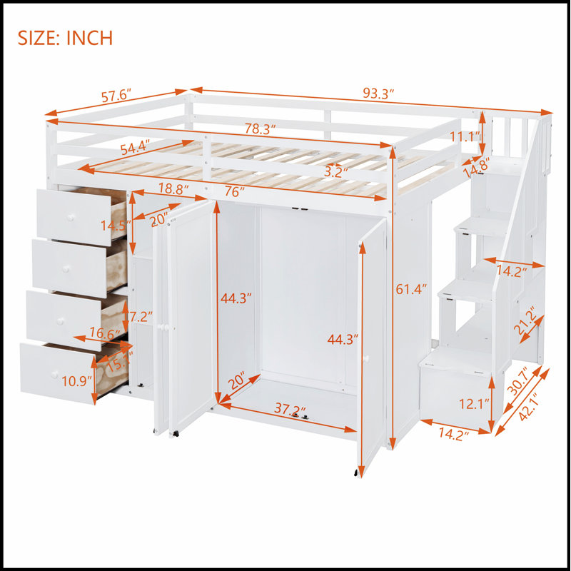 Lit mezzanine en bois avec garde-robe, armoires et tiroirs Kayilan