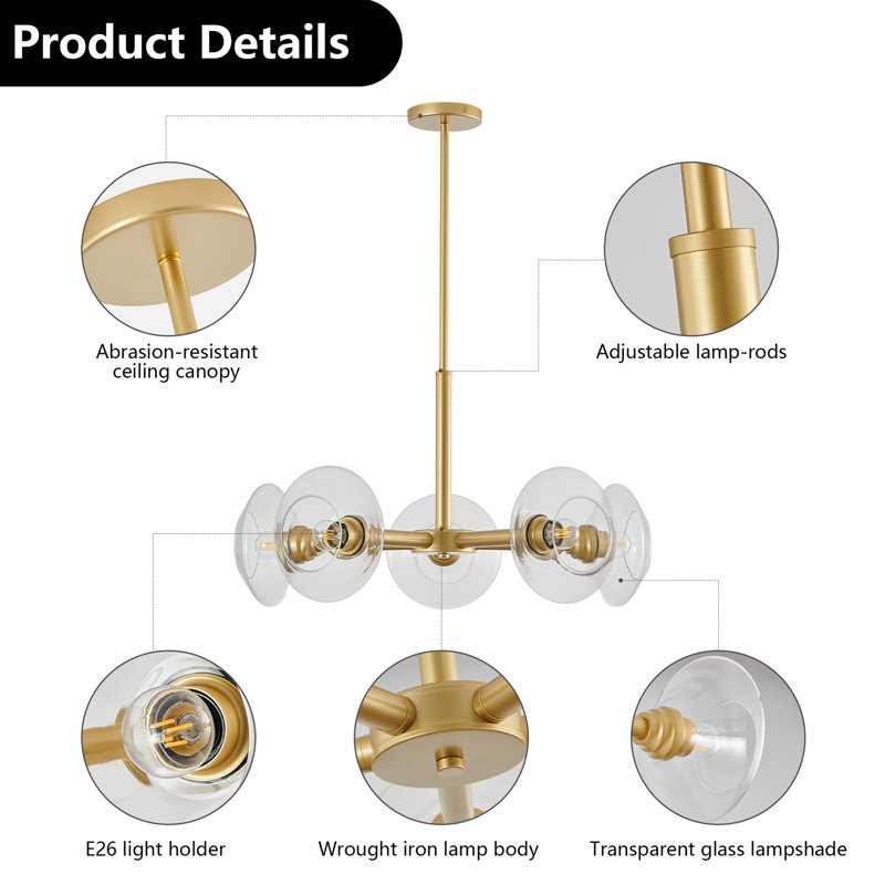 Lustre doré à 5 lumières avec design spoutnik, lustre moderne en métal linéaire, luminaire à hauteur réglable
