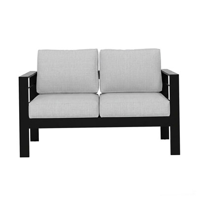 50" All-Weather Aluminum Patio Loveseat with Thick Light Gray Cushions & Black Frame