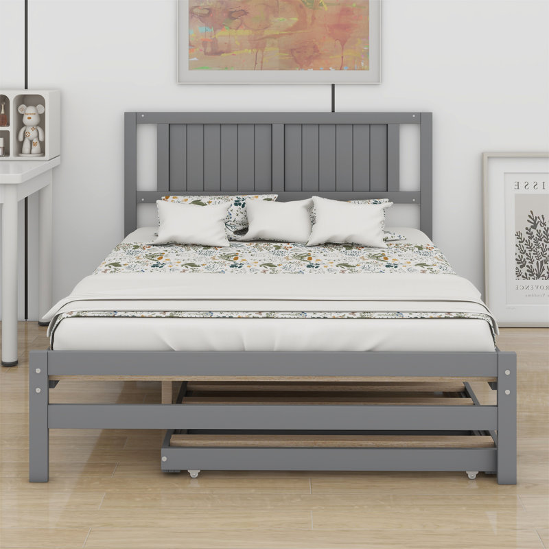 Platform Bed With Adjustable Trundle, Gray