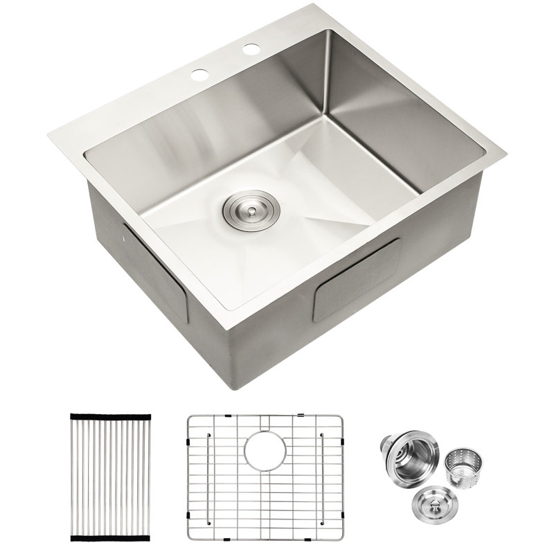 Évier de cuisine encastré de 25 po en acier inoxydable de calibre 16 solide et fiable, profond et simple pour une utilisation pratique, avec instructions d'installation du gabarit