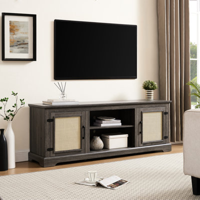 Meuble télé gris avec portes, 2 tablettes, compatible 70 po, l 65 po x P 15,47 po et H 24,48 po, avec rangement gris