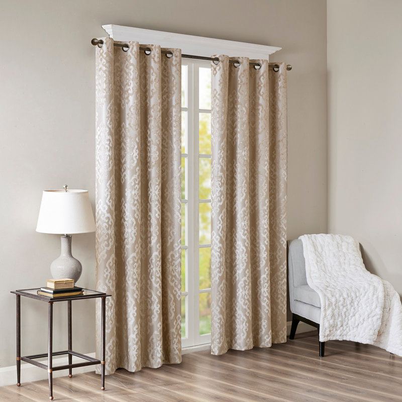 Knitted Jacquard Damask Total Blackout Grommet Top Curtain Panel, Single Piece, Blocks Sunlight And Noise For Ultimate Privacy