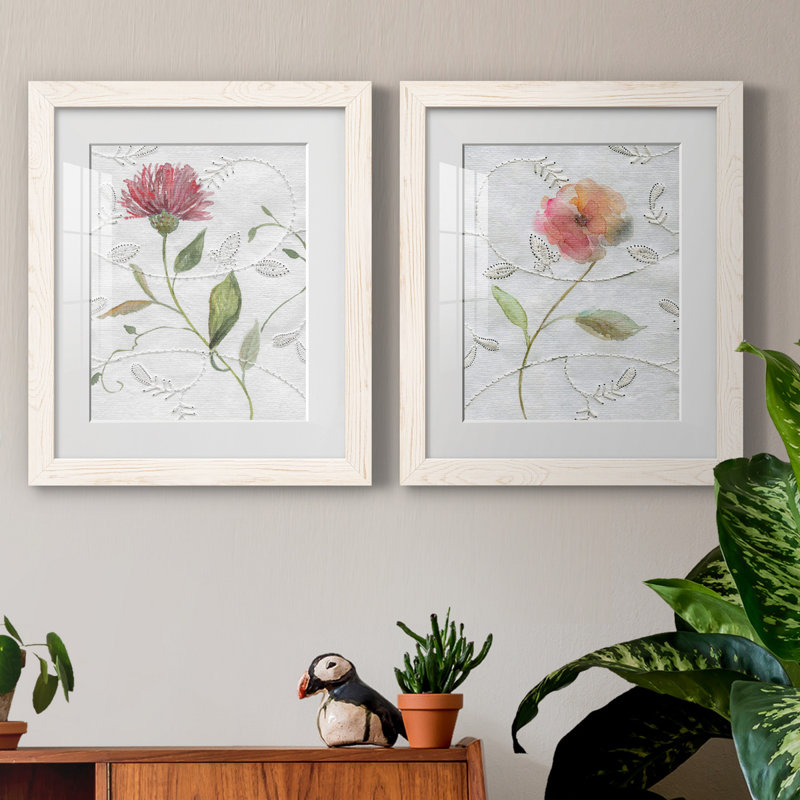 Broderie botanique I - ensemble de 2 impressions, H 20 po x l 17 po x P 1 po, Papier encadré blanc, Blanc