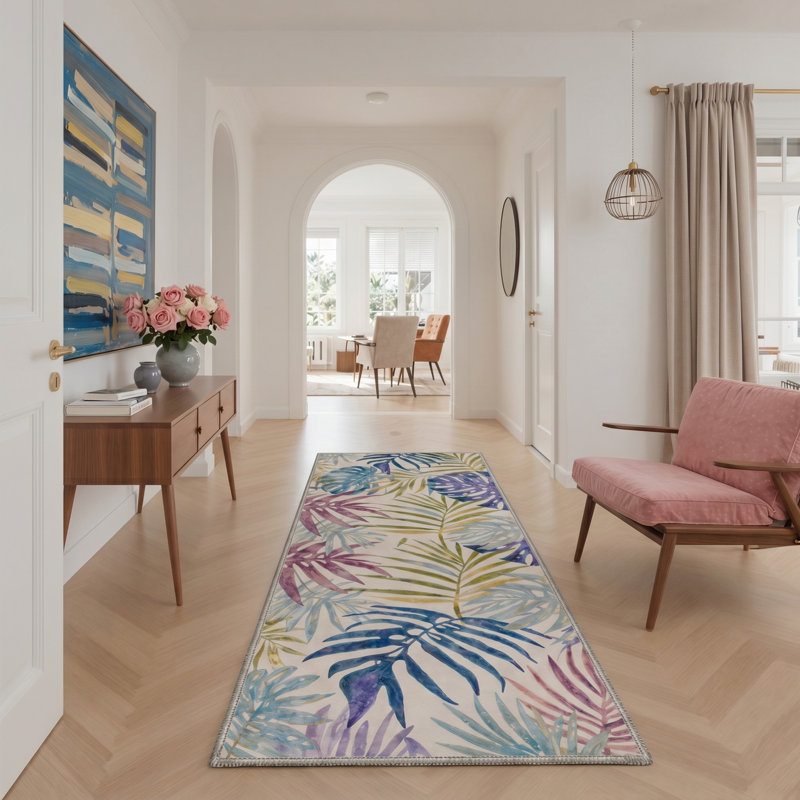 Tapis beige / vert / bleu / mauve Verdant Tropical lavable à la machine avec envers antidérapant, Runner 2' x 6'