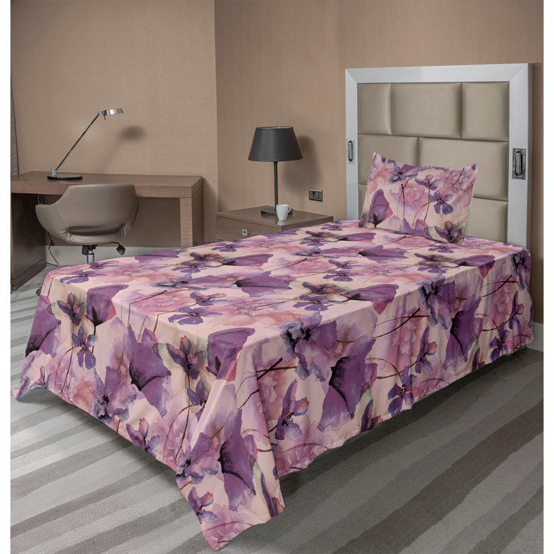 Ambesonne Floral Sheet Set Art Wild Poppy Flowers Print Blush Violet and Lilac, Twin Sheet Set with 1 Pillowcase