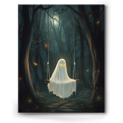  Halloween, toile murale, fantôme sur balançoire, affiche, petit fantôme, visage, œuvre d'art effrayant, décoration murale pour le salon, chambre à coucher, décoration, 11 x 14 pouces