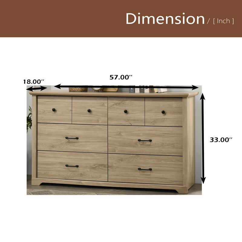 Commode 6 tiroirs 57 po avec poignées, Chêne clair