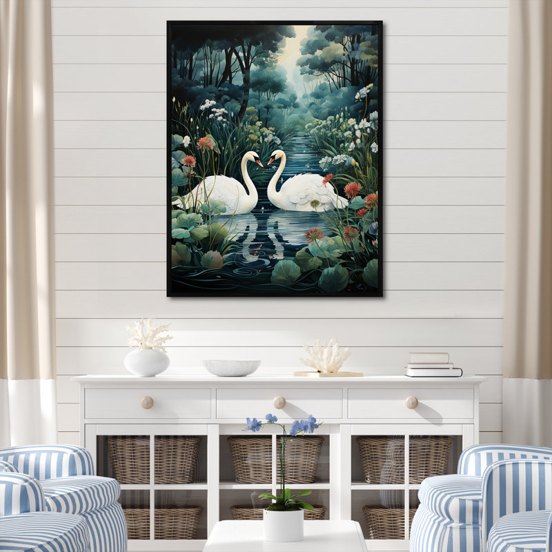 Cygnes, amour éternel, art mural sur toile, Cadre flottant noir, H 32 po x l 24 po