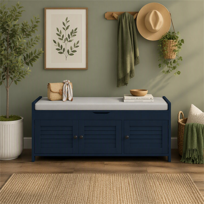 Banc de rangement TREXM avec 3 portes en forme de volet, banc à chaussures avec coussin amovible et espace de rangement caché
