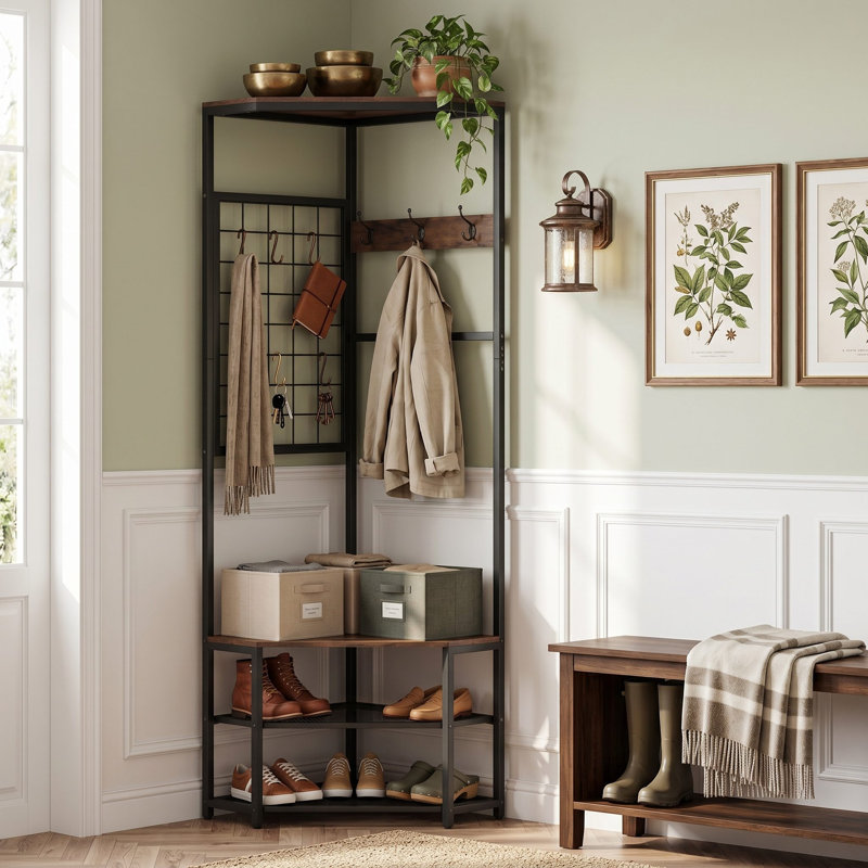Space-Saving Corner Freestanding Hall Tree Coat Rack, Spacious Storage Shelves & Removable Durable Hooks, Anti-Tip Design Fits Entryway