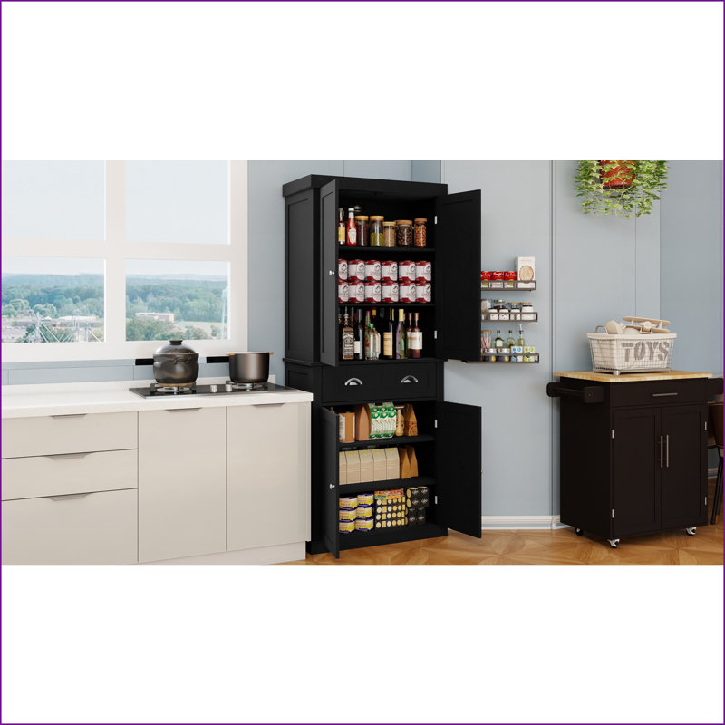 Armoire de rangement Kitchen Pantry, armoire autoportante noire 71 po avec 4 portes, tiroir, 2 tablettes réglables | Panneau de fibres à densité moyenne E1 | Peinture UV