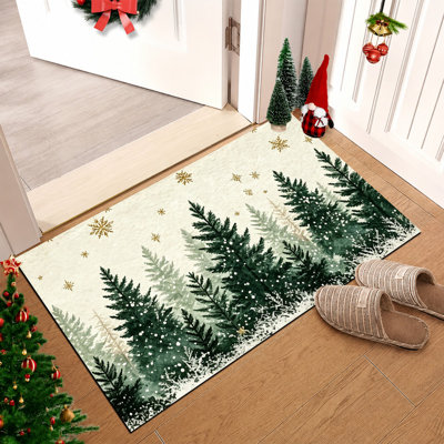 Tapis de porte antidérapant pour l'intérieur et l'extérieur, 61 x 91 cm, motif forêt enneigée verte