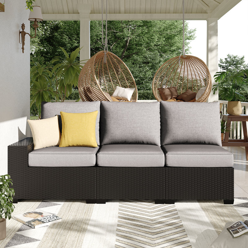 3 -Person Rattan Patio Safo With Cushions, GRAY, BLACK