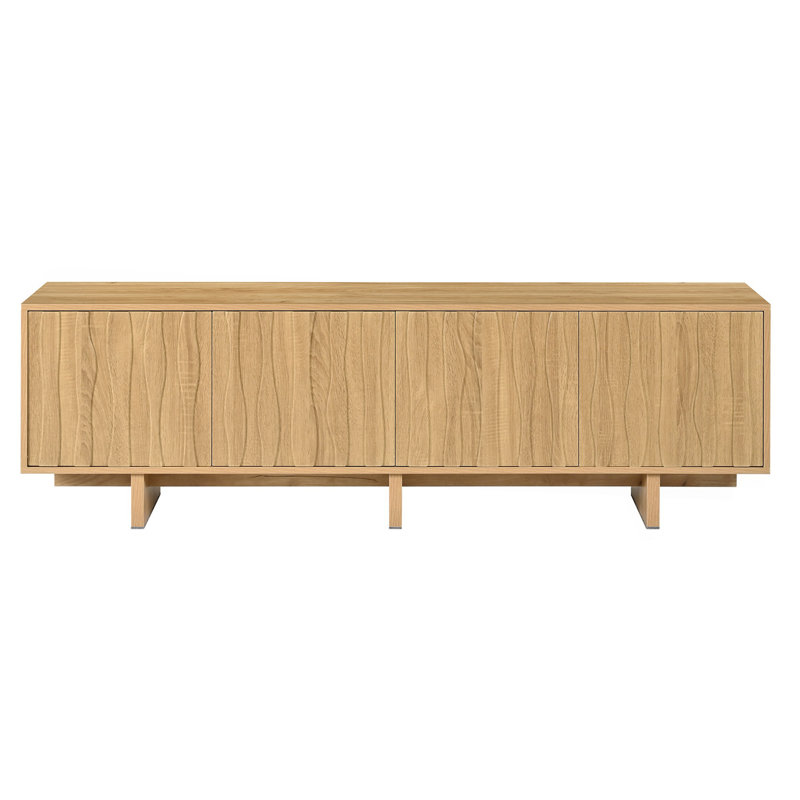 Meuble télé de style rétro en bois veiné avec porte ondulée pour téléviseurs jusqu'à 75 pouces, console multimédia rustique avec grand espace de rangement, meuble télé robuste avec gestion des câbles pour salon, finition naturelle