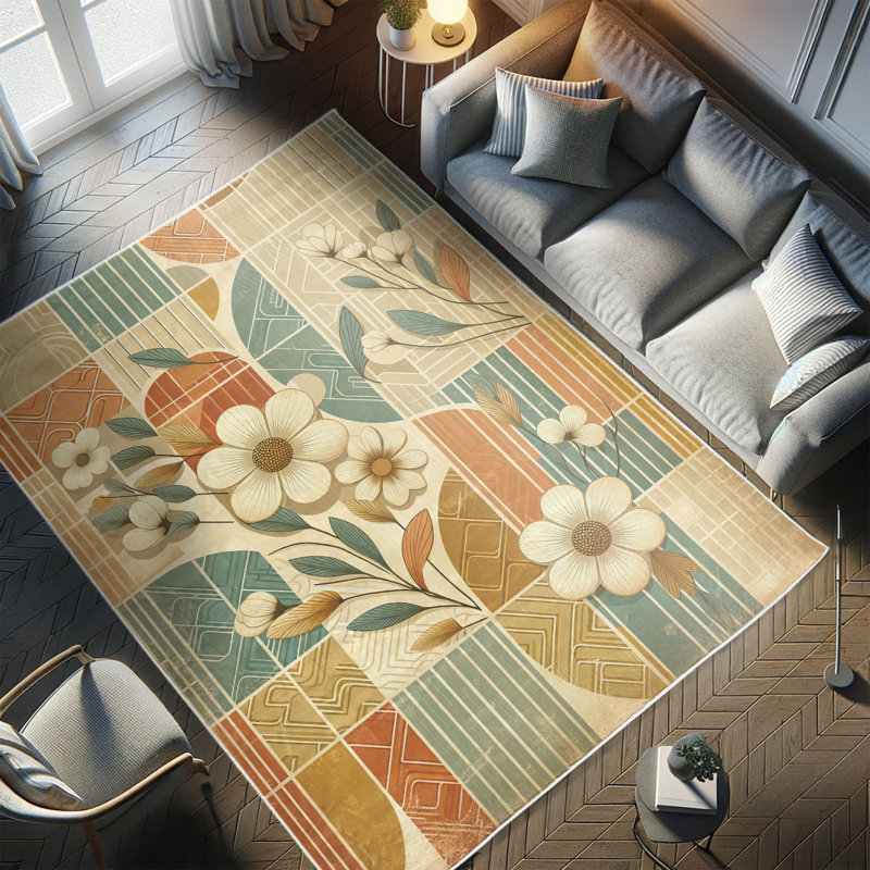 Pale Teal and Salmon Floral Synthetic Area Rug 2'5" x 5'