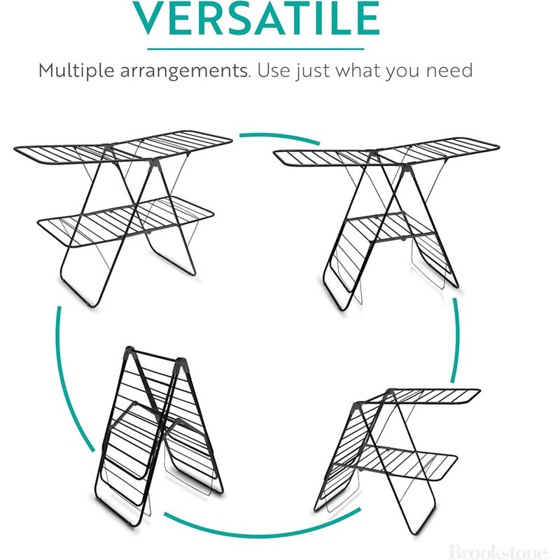 Support pliable à 2 niveaux, support à linge pliable intérieur / extérieur, fabrication en métal robuste et durable, séchoir à chaussures et à vêtements autoportant, style utilitaire moderne