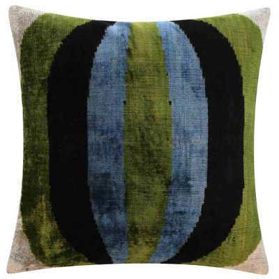 Handmade Silk Velvet Striped Throw Pillow - 16X16, Bold Green, Blue, And Black Design With Down Feather Insert