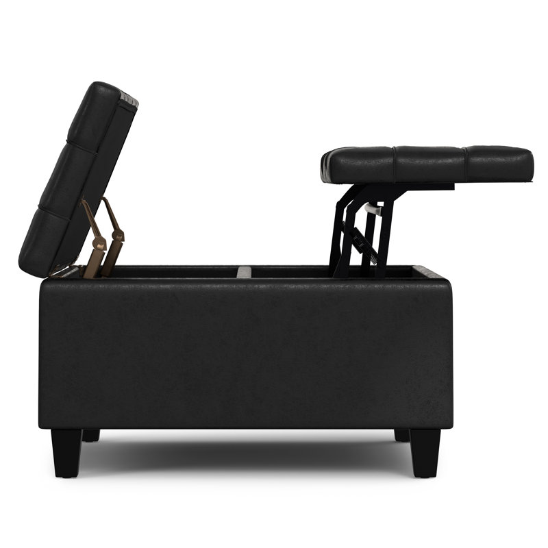 Harrison 30"W Upholstered Square Coffee Table Storage Ottoman with Split Lift Top, Harrison Distressed Black Faux Leather