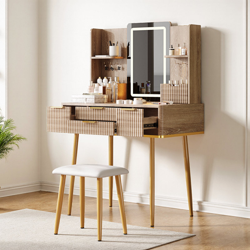 30" Fluted Vanity – 3-Color LED Mirror, Carved Details, 4 Drawers + Jewelry Hooks & Padded Rollers, Metal Legs, PU Stool, Vintage Yellow-Brown Finish