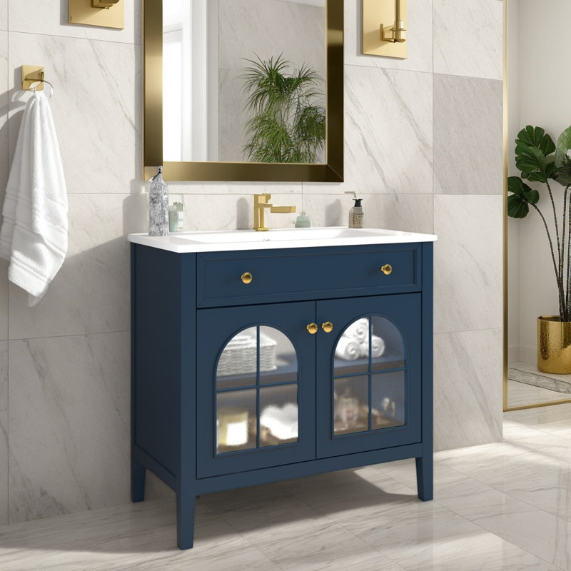 Meuble-lavabo de salle de bain 35,6 po avec lavabo, meuble-lavabo autoportant avec 1 tiroir rabattable et 1 grande armoire, tablette réglable, verre à motif, bande lumineuse à capteur de mouvement