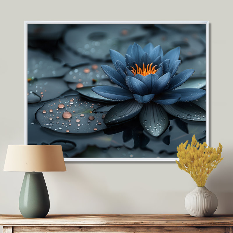 «Blue monochrome Lotus pond Radiant Blooms I», reproduction d'art sur toile Lotus, Cadre flottant blanc, 24" H x 32" W
