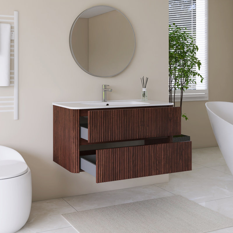 36" Wall Mounted Single Bathroom Vanity In Deep Walnut With White Integrated Ceramic Top, 36"