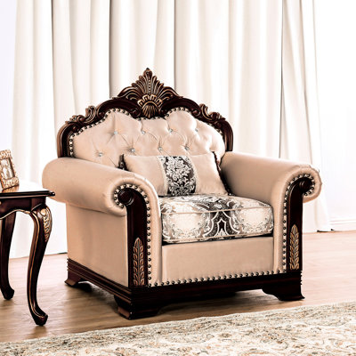 1pc Dark Cherry And Beige Traditional Chair With Rolled Arms, Edge Bracket Feet Details Bench Seat Cushion