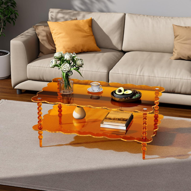 Acrylic Coffee Table, 2-Tier Living Room Table With Storage, Center Table Mid-Modern Century For Living Room, Easy To Assemble (Orange, 37.8“×23.6“×15.7”)