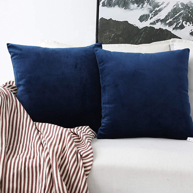 Housse de coussin en velours uni, Bleu, H 20 po x l 20 po