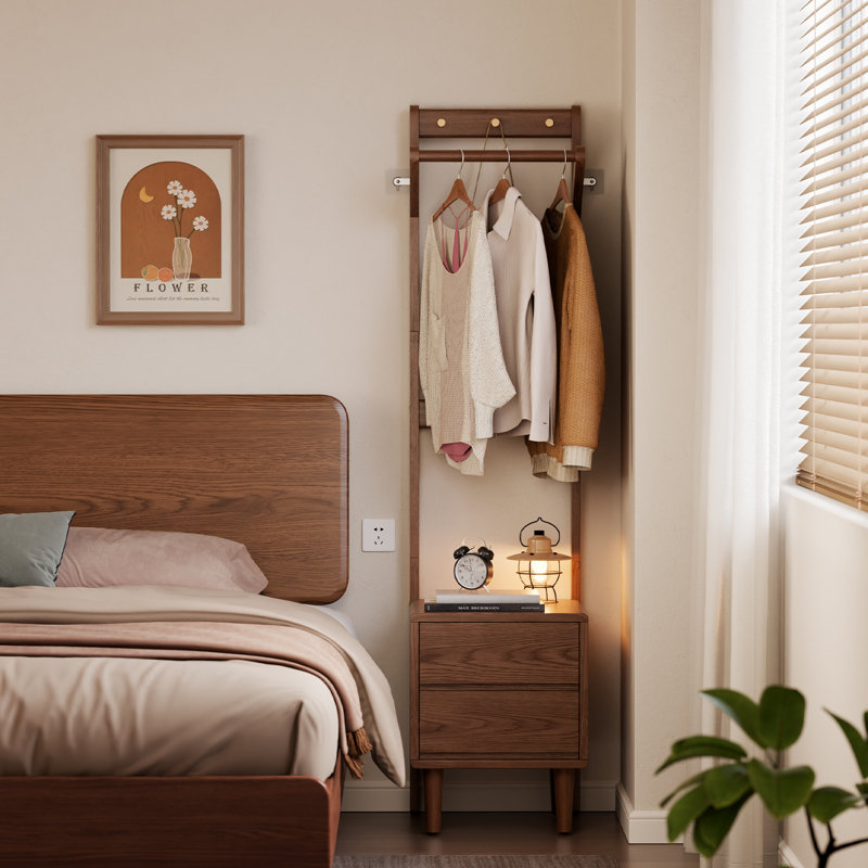 Rubberwood Nightstand with Coat Rack, 3-in-1 Multifunctional Storage Cabinet with Garment Rail & Drawers for Bedroom, Brown