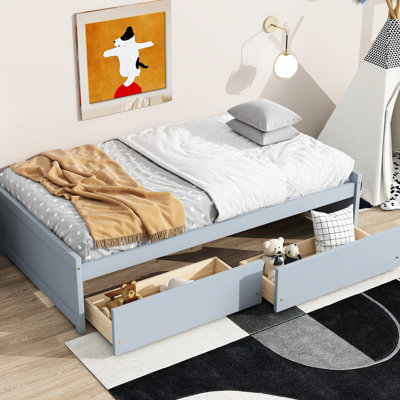 Lit simple avec 2 tiroirs, lit en bois d'hévéa gris, surface de sommeil confortable, grande capacité de tiroir en gris massif et assemblage confortable et facile