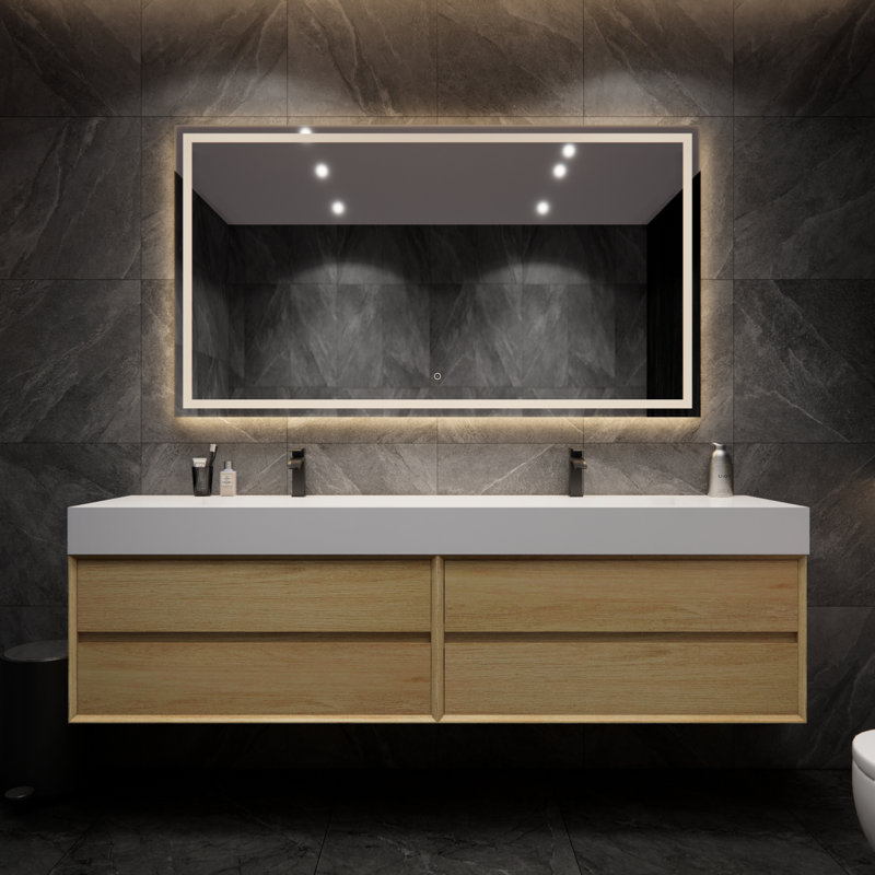 Albizu 84" Wall-Mounted Double Bathroom Vanity, Brown
