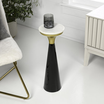 Table basse à piédestal en métal noir / or 8 po x 22,25 po avec plateau en marbre blanc Oliver, petite table d'appoint ronde pour le salon Oliver