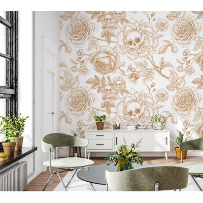 Murale crâne d'or et toile de rose | Papier peint art floral blanc gothique blanc | Non-tissé ou pelez et collez