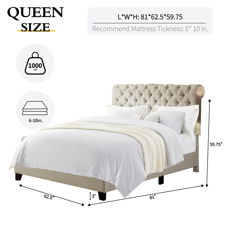 Winston Porter Fabric Upholstered Bed Frame with Adjustable Headboard, Beige, Queen