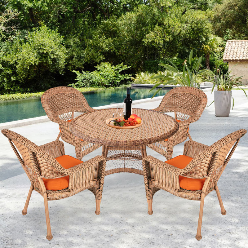 4 - Person Patio Dining Set with Round Table , Cushions Included, Honey, Orange