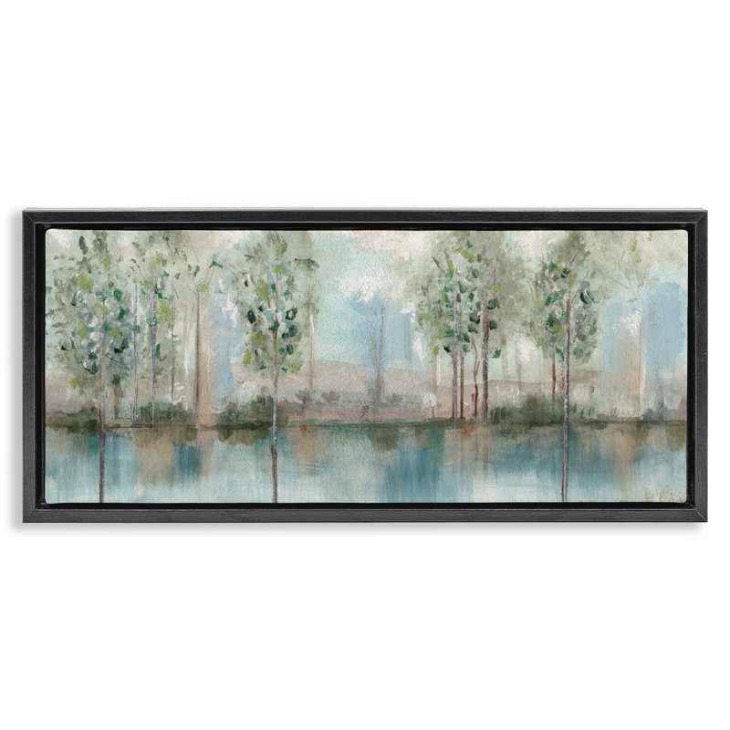 Arbres reflétant la rivière, Cadre flottant noir de jais, H 11 po x l 25 po