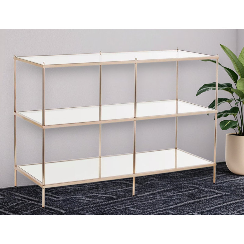 42" Clear and Gold Glass Mirrored Frame Console Table With Shelves