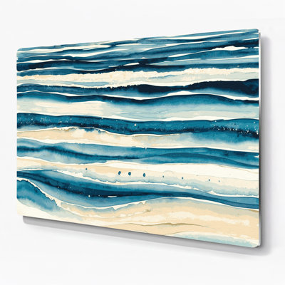 Art mural en métal rayé horizontal bleu mer beige crème