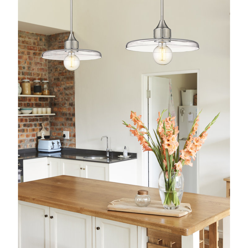 Luminaire suspendu géométrique unique à 1 lumière Jamyla, H 6,25 po x l 14 po x P 14 po, Transparent, Nickel brossé