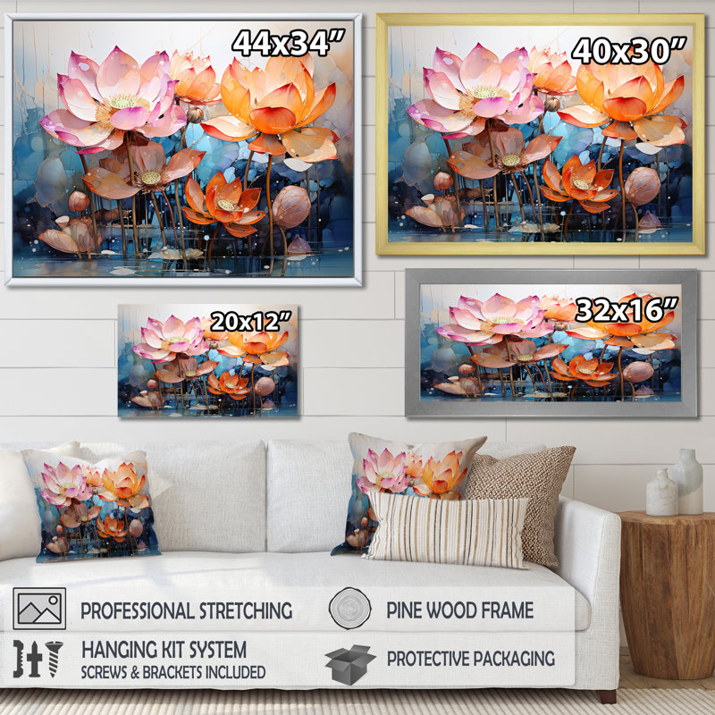 Fleurs de lotus fauves - reproduction sur toile, Cadre naturel flottant, H 24 po x l 32 po