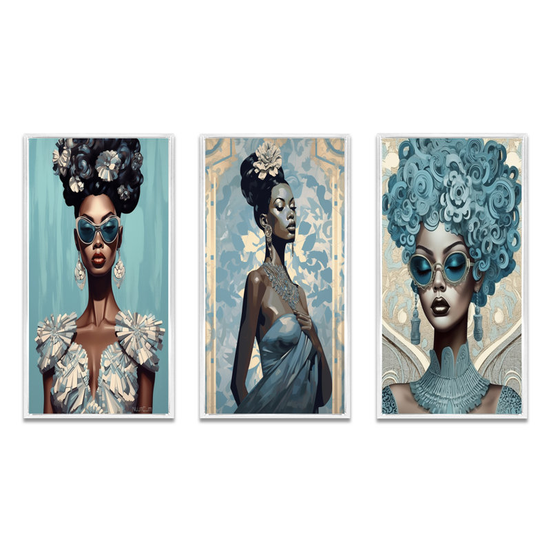 «Elegant Blue Retro Fashion African Vogue Goddess», 3 pièces sur toile, Cadre flottant blanc, H 40 po x l 60 po