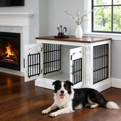 Dog Crate Furniture Natural Wood with Double Door Design for Medium to Large Dogs 43.31"W