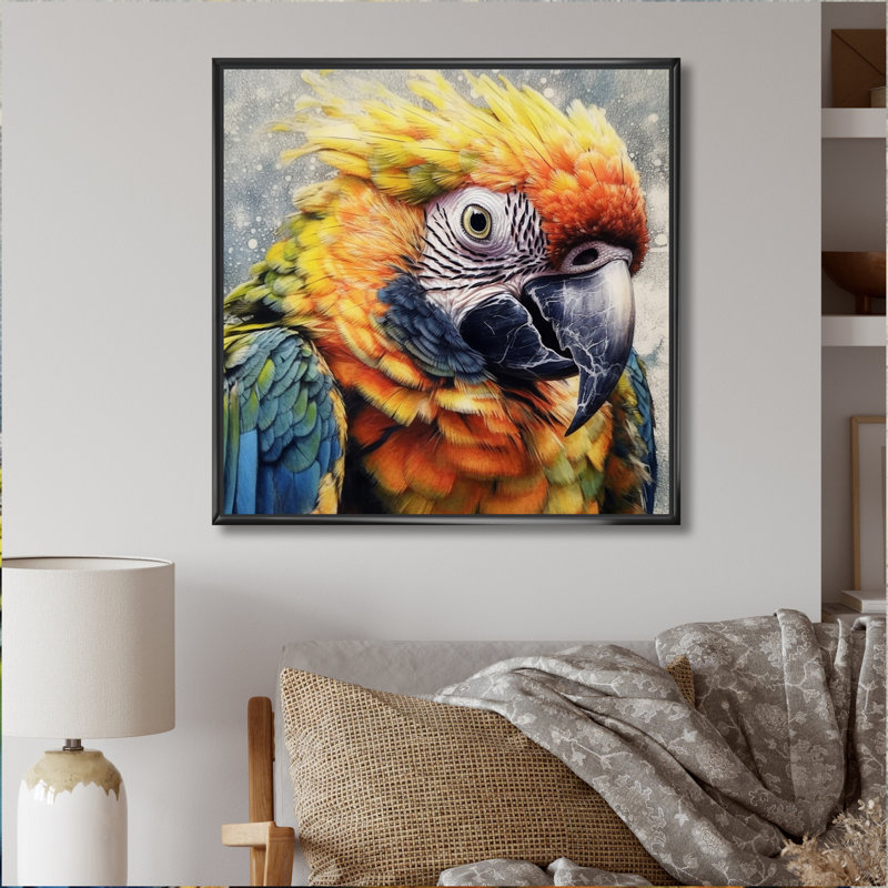 Perroquet tropical au paradis I sur toile, H 30 po x l 30 po x P 1 po, Cadre flottant noir